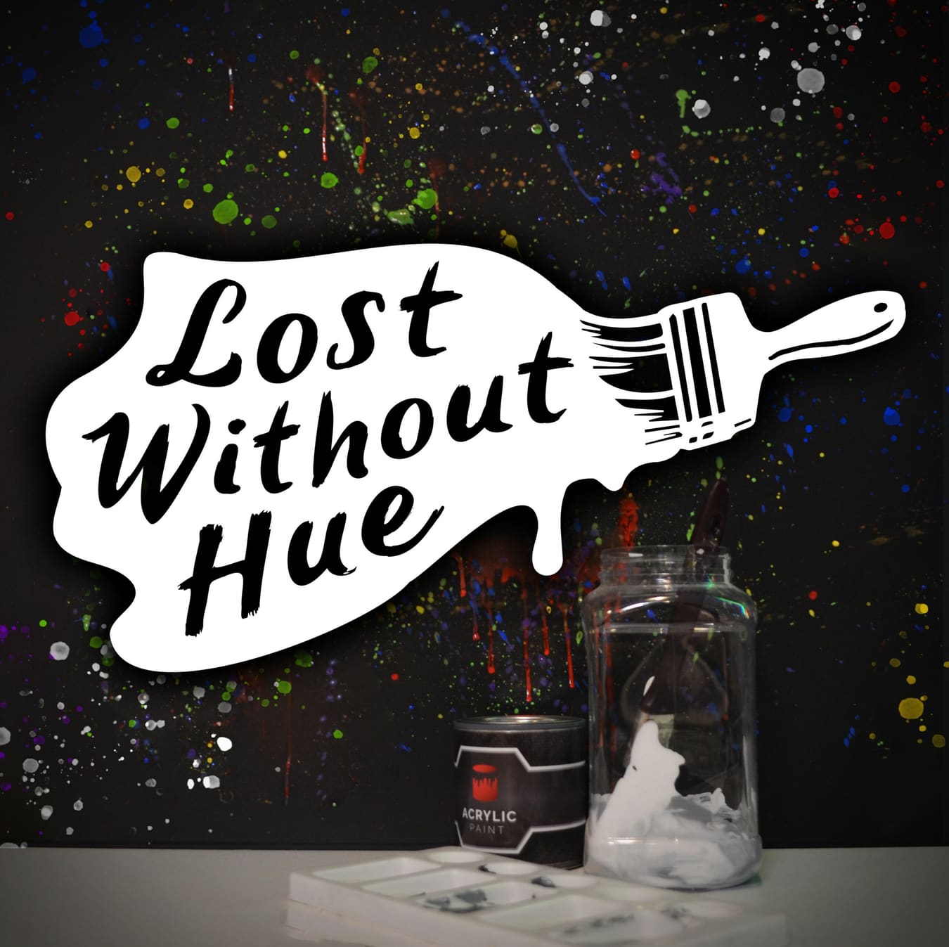 Lost Without Hue room artwork with colourful paint marks and an artist’s brush.
