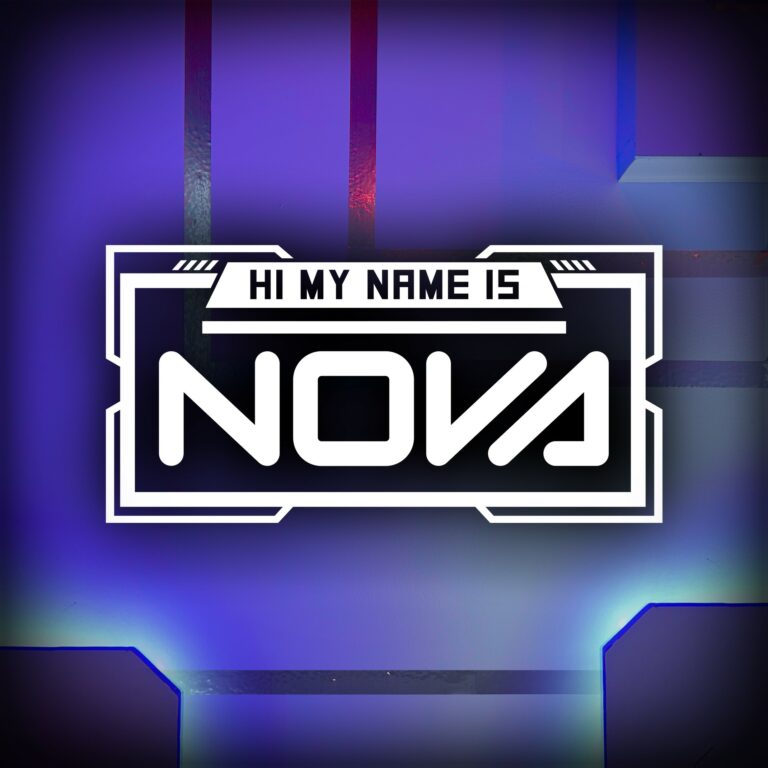 Hi My Name Is NOVA escape room in Dunedin, a white research lab with a glowing blue server column and curved monitors