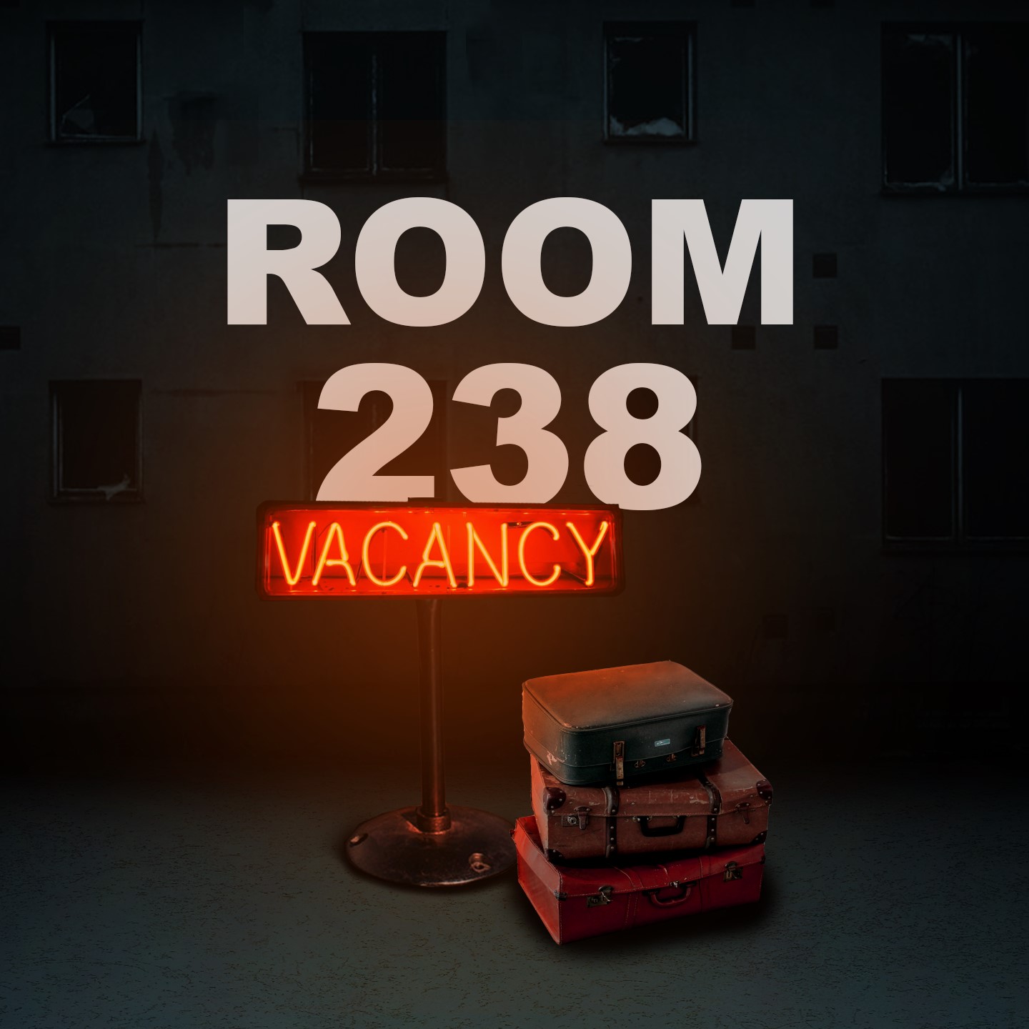 Room 238 escape room in Dunedin, a run down motel room lit by neon with a guest book open on the desk